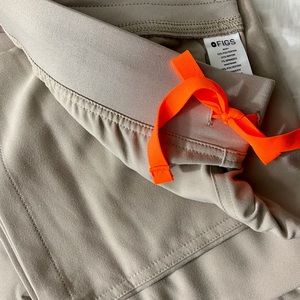 Figs Women's straight leg in Tan with Bright Orange Tie